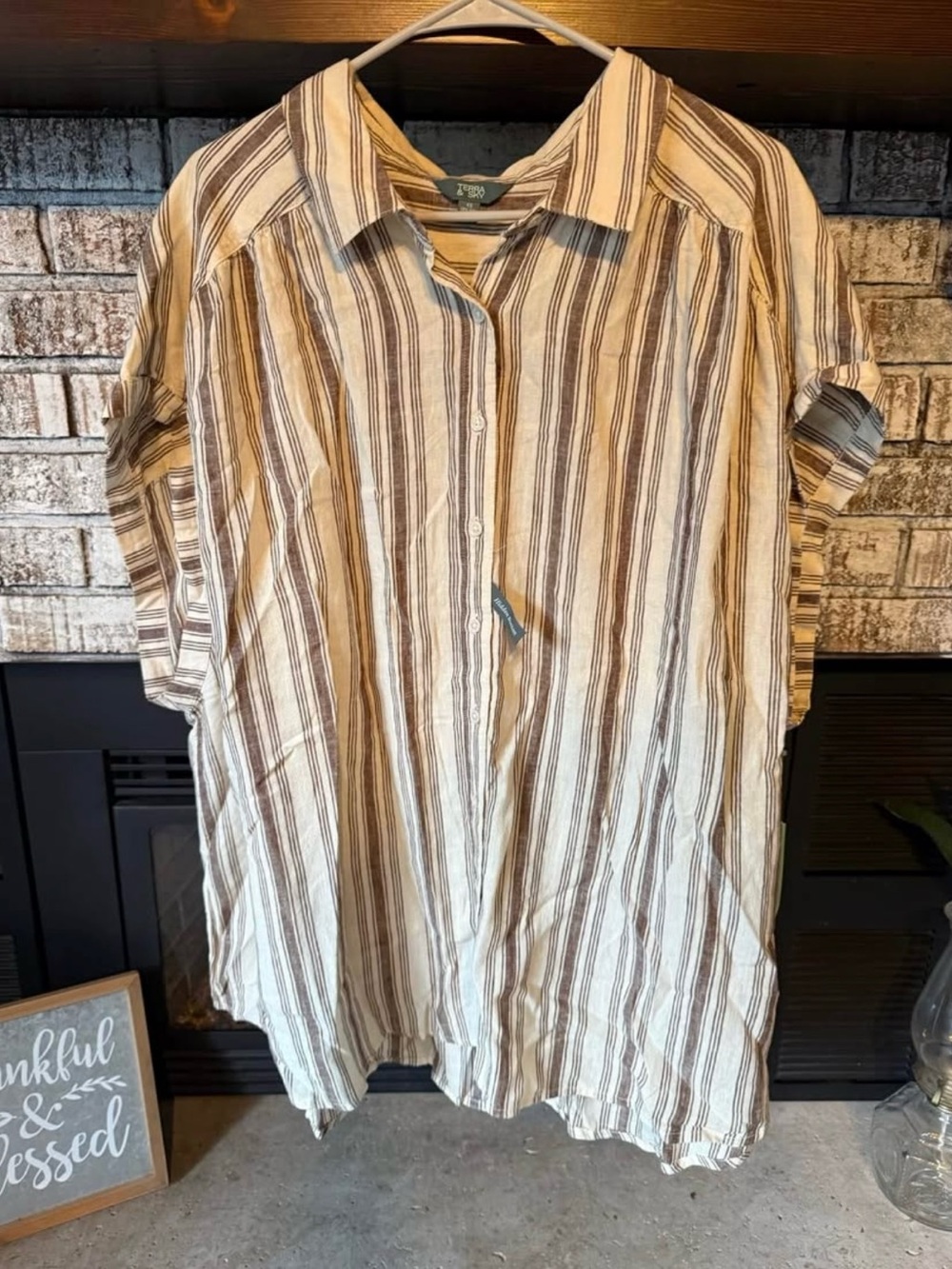 Terra & Sky Cream and Brown Striped Button-Up Blouse